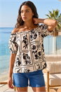 Black Mono Print Bardot Top, Image 1 of 4