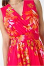 Cerise Floral Print Chiffon Shirred Asymmetric Dress, Image 5 of 6