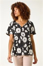 Black Textured Floral Print V-Neck Stretch Top, Image 4 of 5