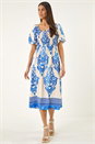 Blue Abstract Print Shirred Midi Dress, Image 3 of 6