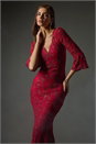 Red Lace Scallop V-Neck Bodycon Maxi Dress, Image 8 of 8