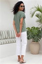 Khaki Broderie Detail V-Neck Stretch Top, Image 3 of 4