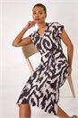 Beige Abstract Print Belted Stretch Midi Dress, Image 1 of 5