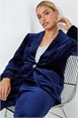 Midnight Blue Velvet Diamante Button Stretch Blazer, Image 5 of 6