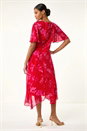 Red Floral Frill High Low Midi Dress, Image 3 of 5