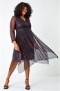 Black Curve Floral Mesh Overlay Wrap Dress, Image 2 of 5