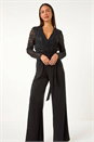 Black Sequin Lace V-Neck Stretch Jumpsuit, Image 2 of 5