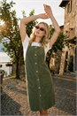 Khaki Corduroy Pinafore Midi Dress, Image 1 of 6