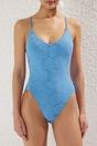 Blue Textured V Neck Strappy Swimsuit, Image 2 of 3