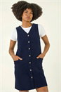 Navy  Cotton V-Neck Button Pocket Dress, Image 2 of 6