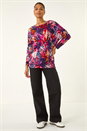 Navy Floral Print Bubble Hem Stretch Top, Image 2 of 5