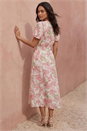 Pink Floral Print Puff Sleeve Midi Dress, Image 3 of 4