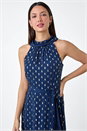 Navy  Metallic Foil Spot Halter Neck Midi Dress, Image 4 of 5