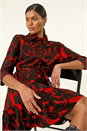 Red Abstract Print Tie Waist Shirt Dress, Image 2 of 5