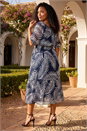 Navy  Curve Leaf Print Tie Neck Midi Dress, Image 2 of 4