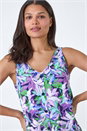 Purple Sleeveless V-Neck Leaf Print Button Cami Top, Image 4 of 5