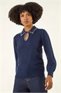 Navy  Faux Pearl Collared Keyhole Knit Jumper, Image 4 of 5