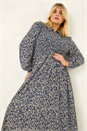 Blue Curve Abstract Print Shirred Midi Dress, Image 1 of 5
