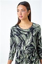 Khaki Textured Floral Print Midi Stretch Dress, Image 4 of 5