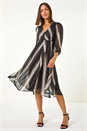 Black Stripe Print V-Neck Hanky Hem Midi Dress, Image 1 of 5
