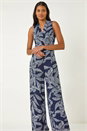 Navy  Leaf Puff Print Crossover Jumpsuit, Image 4 of 5