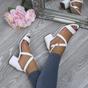 White AJVANI White Mid Block Heel Crossed Straps Sandals, Image 5 of 6