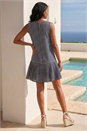 Navy  Stripe Print Pleated A-Line Dress , Image 2 of 4