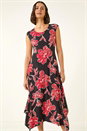 Black Floral Print Stretch Midi Dress, Image 2 of 5