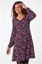 Purple Floral Print Lace Trim Stretch Dress, Image 2 of 5