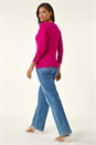 Fuchsia Sparkly Diamante Button Scallop Edge Jumper, Image 3 of 5