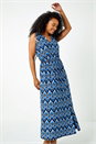 Navy  Petite Aztec Print Shirred Maxi Dress, Image 2 of 5