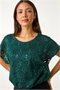 Green Sequin Lace Overlay Stretch Top, Image 1 of 4