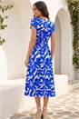 Royal Blue Leaf Print V-Neck Midi Dress, Image 3 of 4
