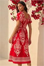 Red Abstract Print Shirred Midi Dress , Image 3 of 4