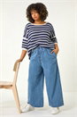 Light Blue Curve Tie Waist Denim Wide Leg Trouser, Image 1 of 5
