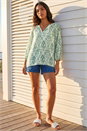 Green Ikat Print V-Neck Tunic Top, Image 2 of 4