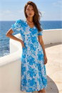 Blue Button Down Floral Shirred Midi Dress, Image 1 of 4