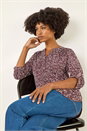 Burgundy Leaf Print V-Neck Stretch Top, Image 1 of 5