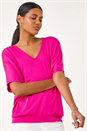 Fuchsia V-Neck Grown On Sleeve Stretch Top, Image 1 of 5