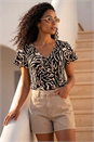 Black Abstract Print Ruched Frill Sleeve Top, Image 2 of 4