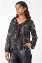 Black Metallic Floral Print V-Neck Ruffle Top, Image 1 of 5