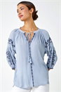 Light Blue  Embroidered Tassel Detail Top, Image 2 of 5