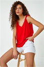 Red Tie Detail Strap V-Neck Cami Top, Image 1 of 5