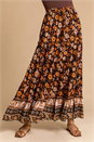 Black Floral Boho Print Tiered Maxi Skirt, Image 1 of 4