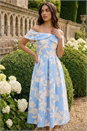 Light Blue  Floral Bardot Premium Stretch Midi Dress, Image 2 of 4