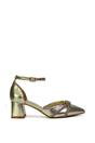 Gold 'Sarah' Ankle Strap Pointed Toe Diamante Mid Block Heels, Image 1 of 5