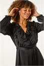 Black Satin V-Neck Ruffle Dress, Image 4 of 6