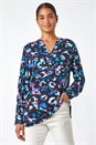 Blue Animal Print V-Neck Stretch Shirt Top, Image 1 of 5
