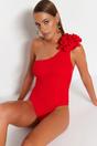 Red One Shoulder Applique Detail Asymmetric Swimsuit, Image 1 of 6