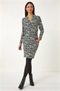 Teal Aztec Print V-Neck Shift Stretch Dress, Image 2 of 5